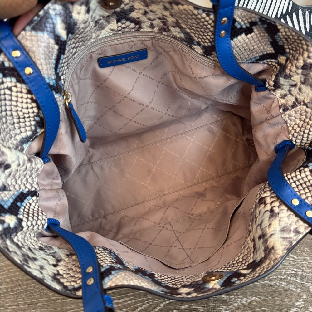 Michael Kors Snake Print Tote in Blue and Tan - Picture 3 of 13
